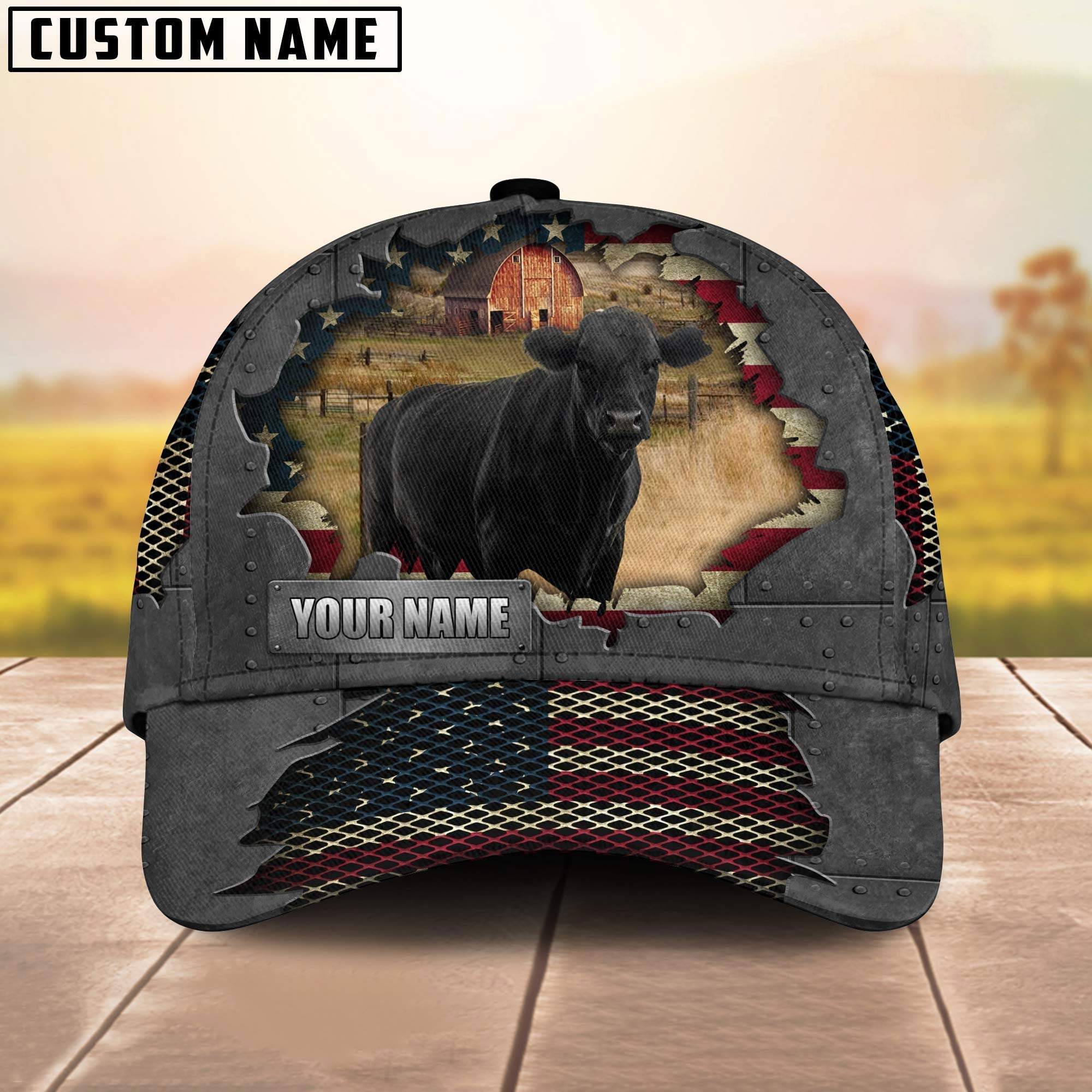 Black Angus Customized Name US Flag Net Cap