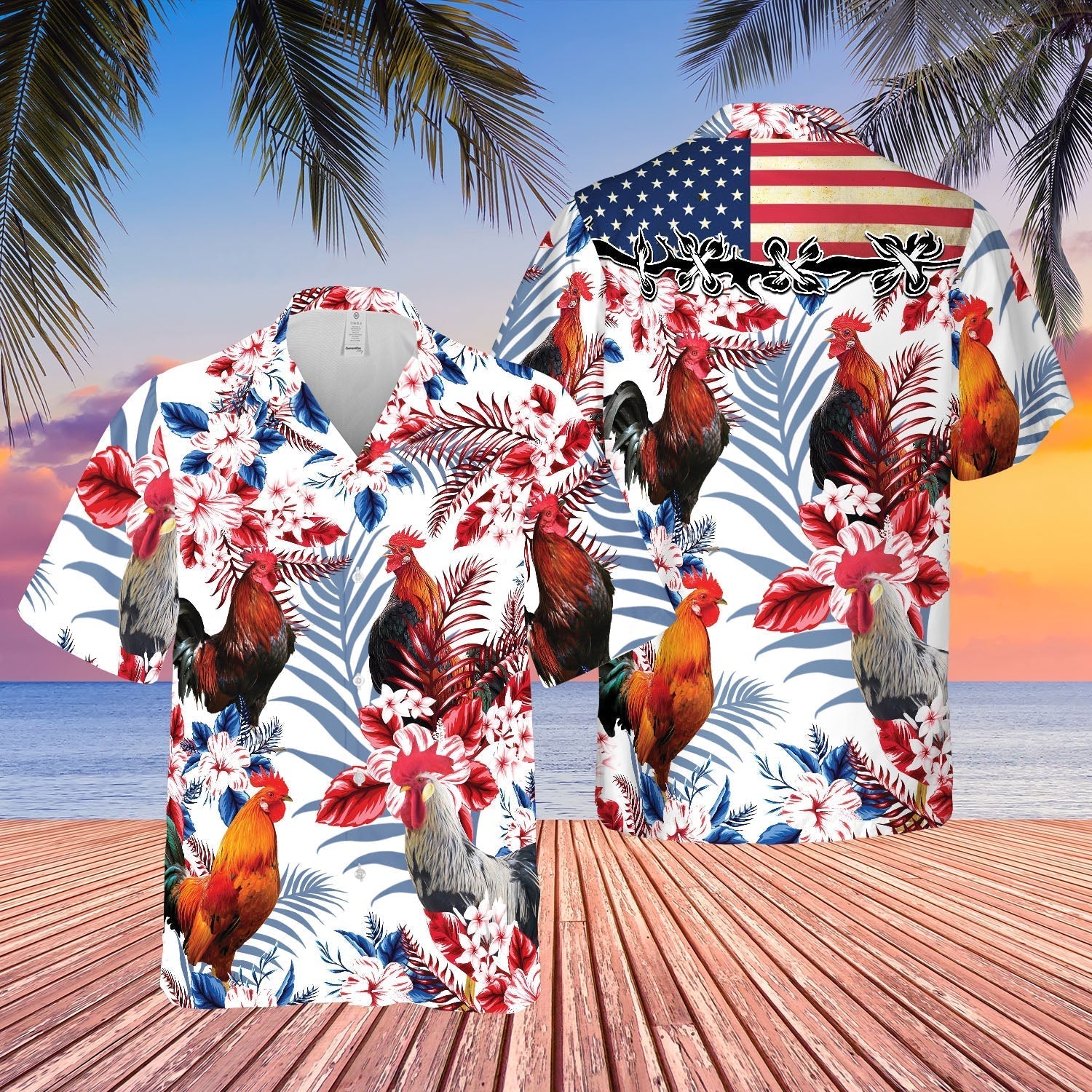 Unique Rooster American Flag Flowers Hawaiian Shirt