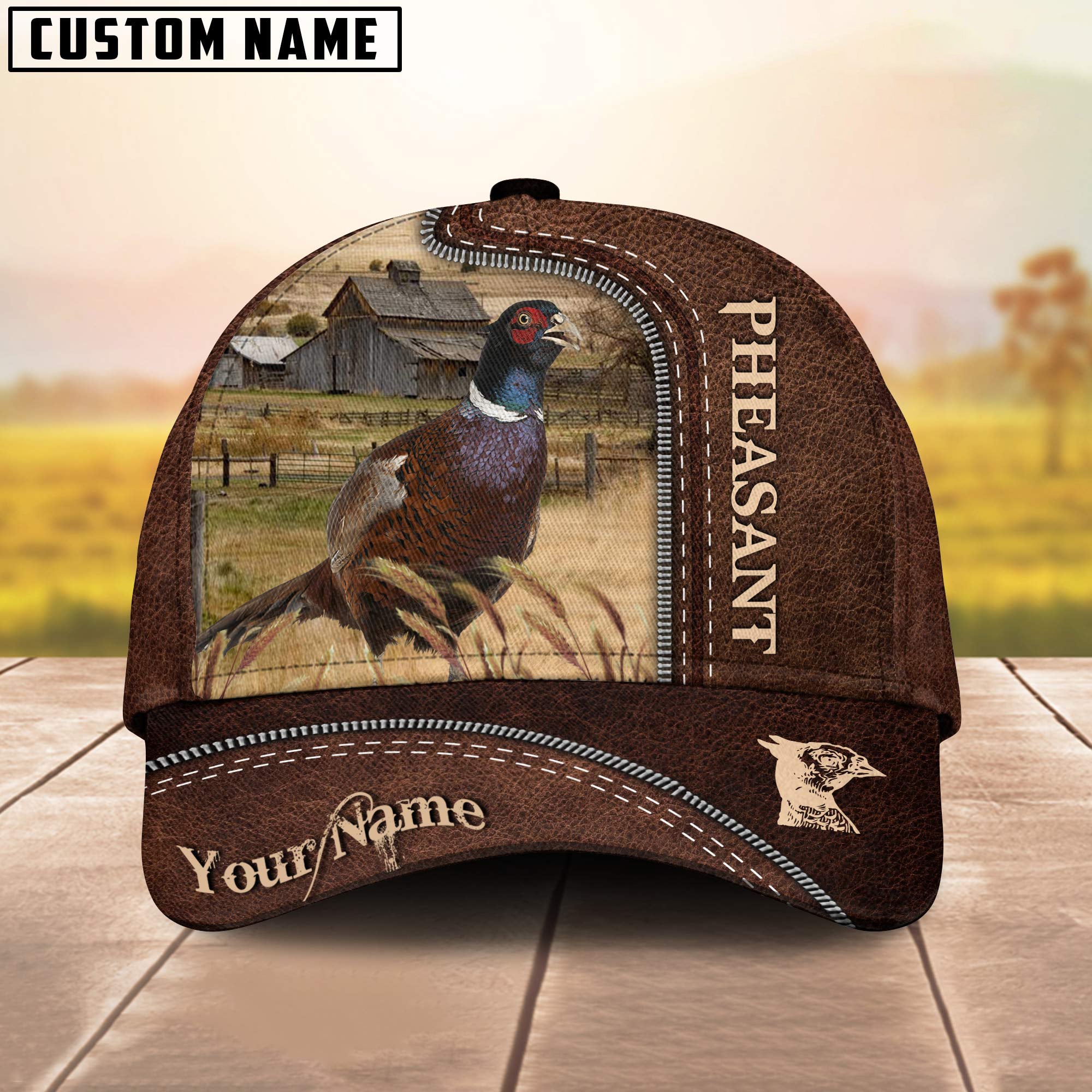 Pheasant Customized Name Leather Pattern Cap
