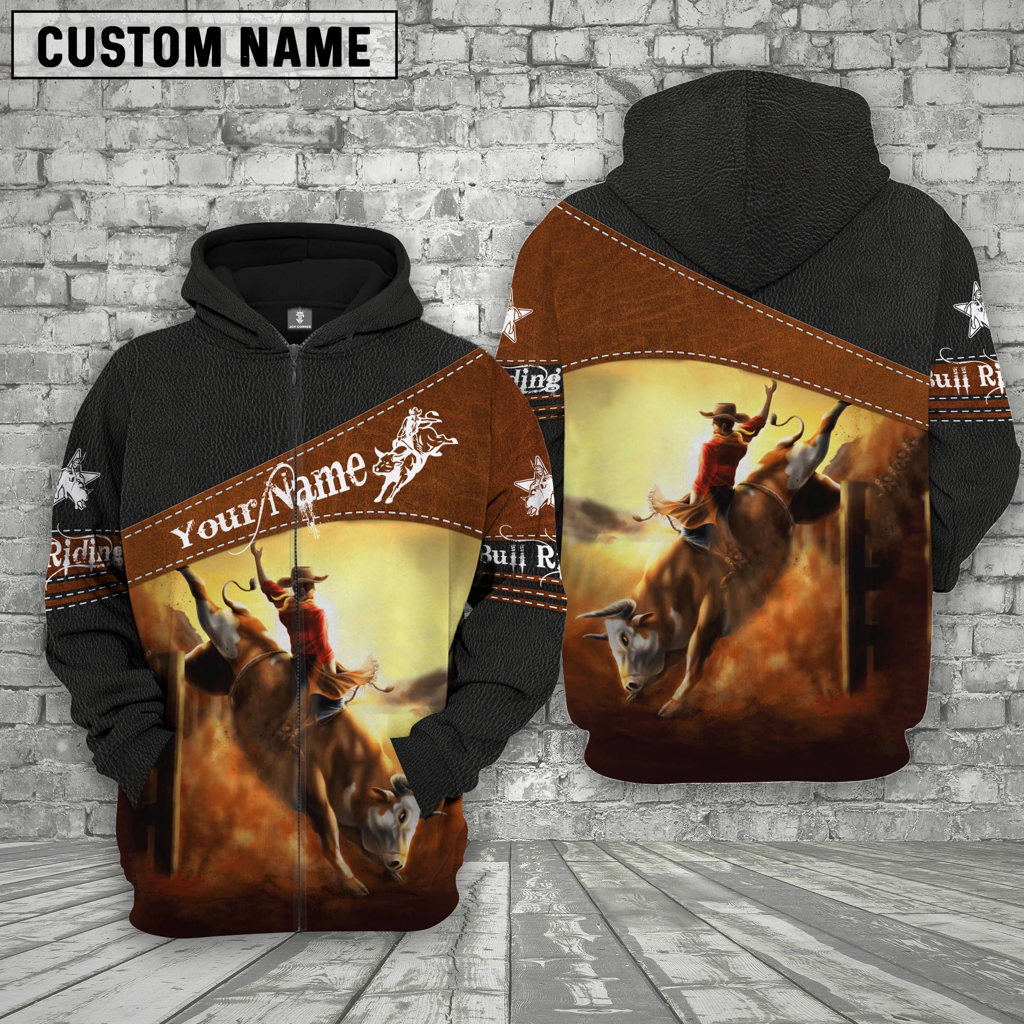 Bull Riding Custom Name Printed 3D Black Hoodie
