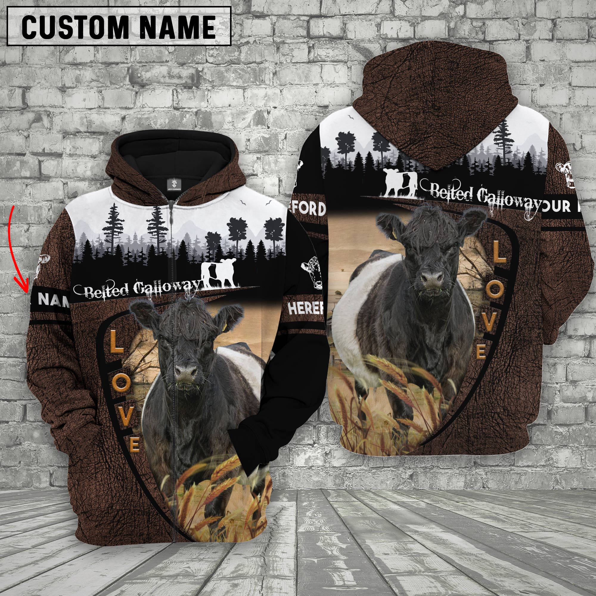 Belted Galloway On Farms Custom Name Printed 3D Wooden Forest Hoodie